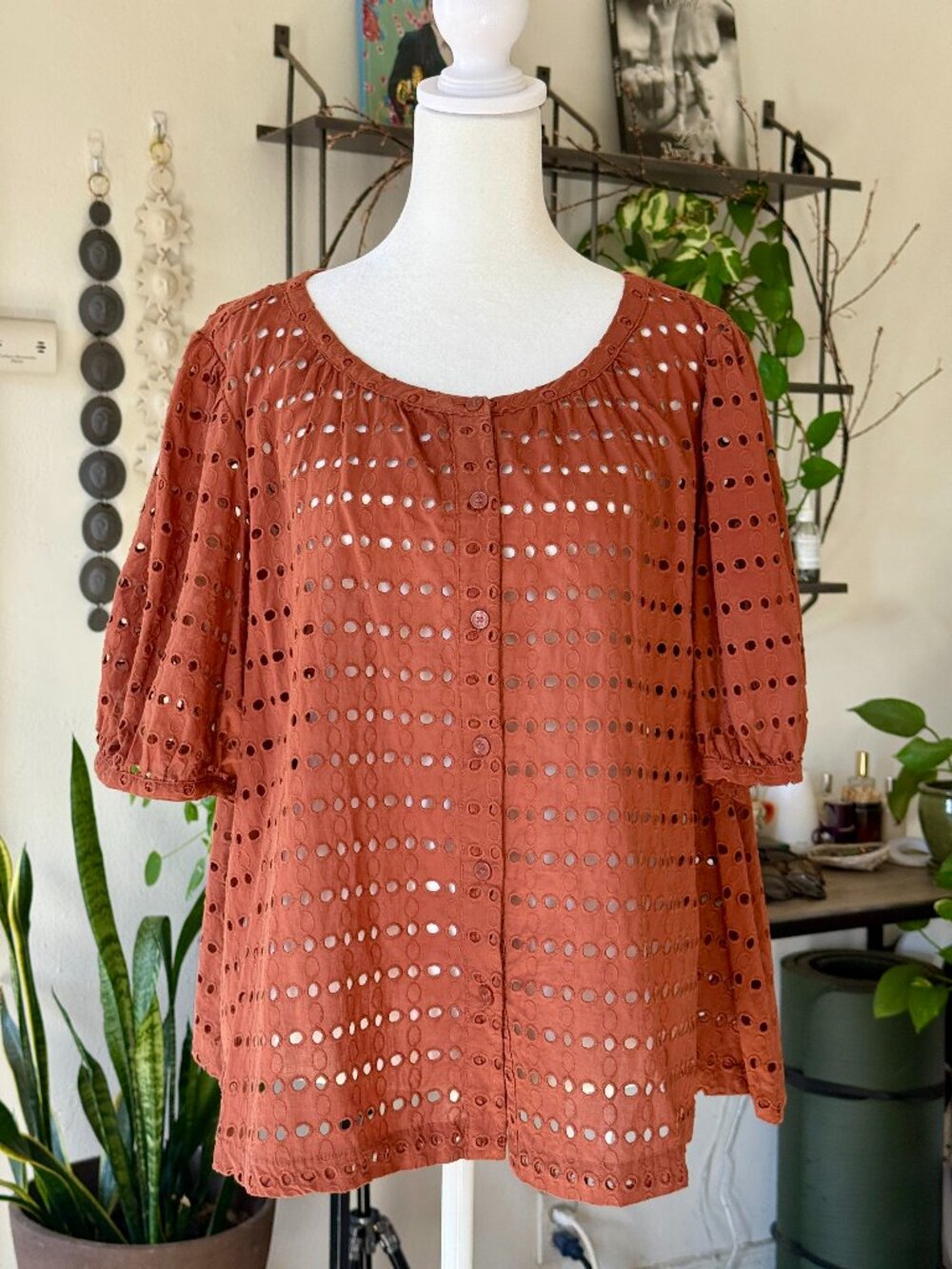 LOFT Eyelet Bubble Sleeve Blouse Copper Orange Rust XL Cotton Puff Sleeve Top